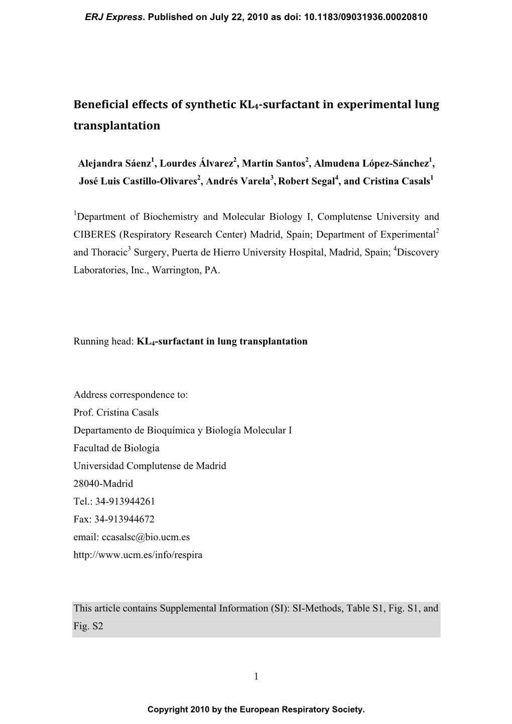 Beneficial Effects of Synthetic KL4-Surfactant in Experimental Lung