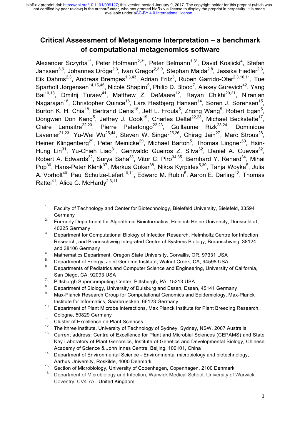 Critical Assessment of Metagenome Interpretation – a Benchmark of Computational Metagenomics Software