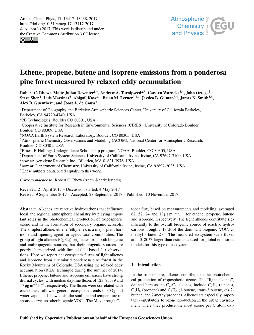 Ethene, Propene, Butene and Isoprene Emissions from a Ponderosa Pine Forest Measured by Relaxed Eddy Accumulation