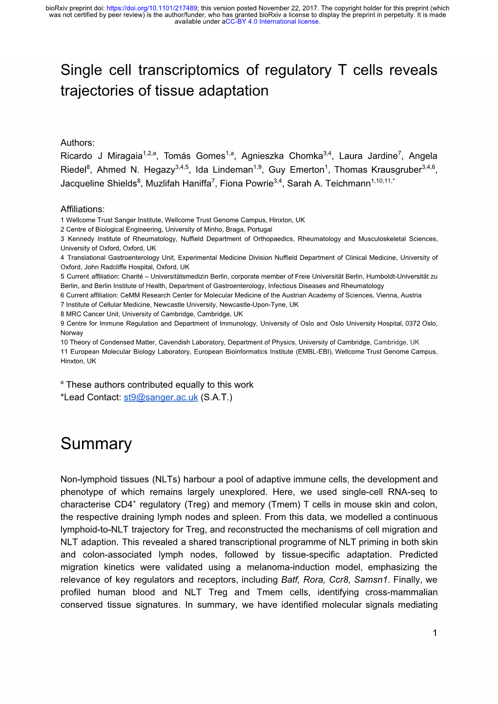 Single Cell Transcriptomics of Regulatory T Cells Reveals Trajectories of Tissue Adaptation ​ ​ ​ ​ ​ ​