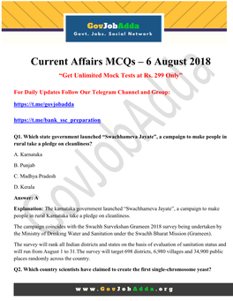 Current Affairs Mcqs – 6 August 2018 “Get Unlimited Mock Tests at Rs