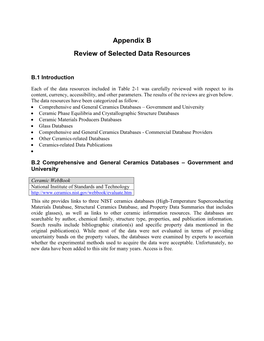 Appendix B Review of Selected Data Resources
