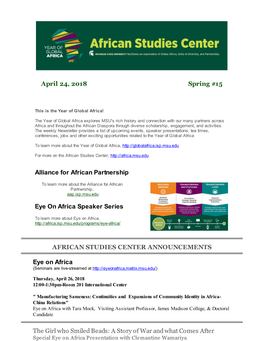 April 24, 2018 Spring #15 Alliance for African Partnership Eye on Africa