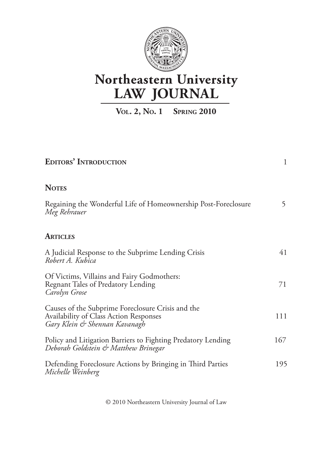 Northeastern University Law Journal, Vol. 2, No. 1, Spring 2010