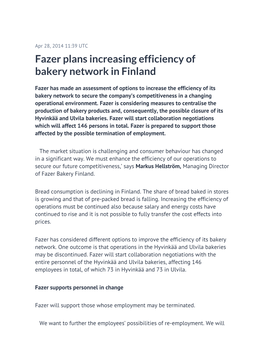 Fazer Plans Increasing Efficiency of Bakery Network in Finland