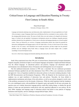 Critical Issues in Language and Education Planning in Twenty First Century in South Africa