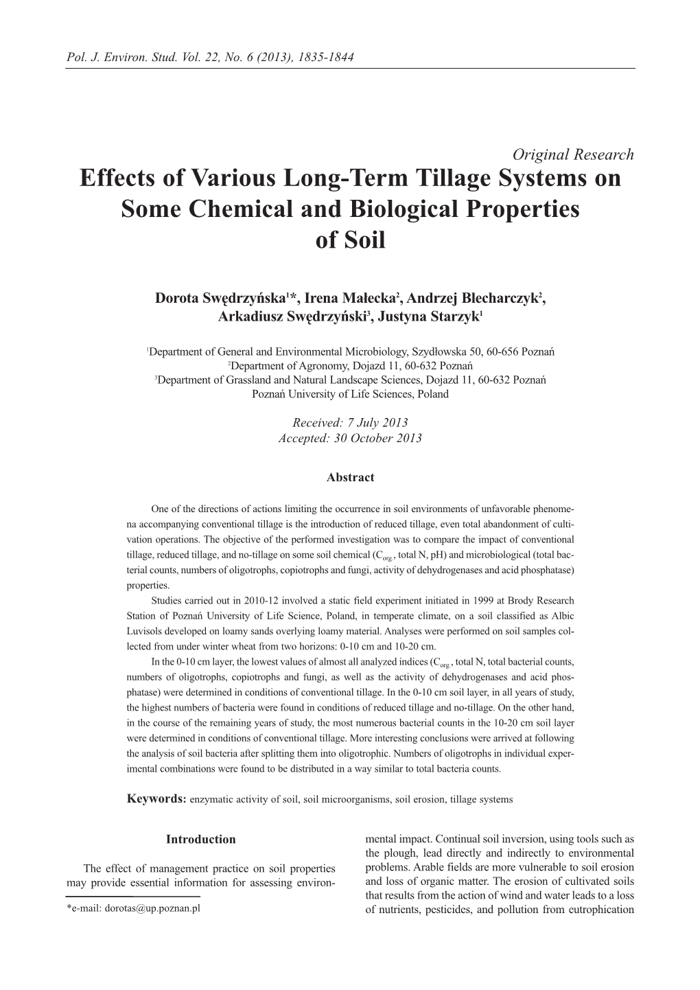 Effects of Various Long-Term Tillage Systems on Some Chemical and Biological Properties of Soil