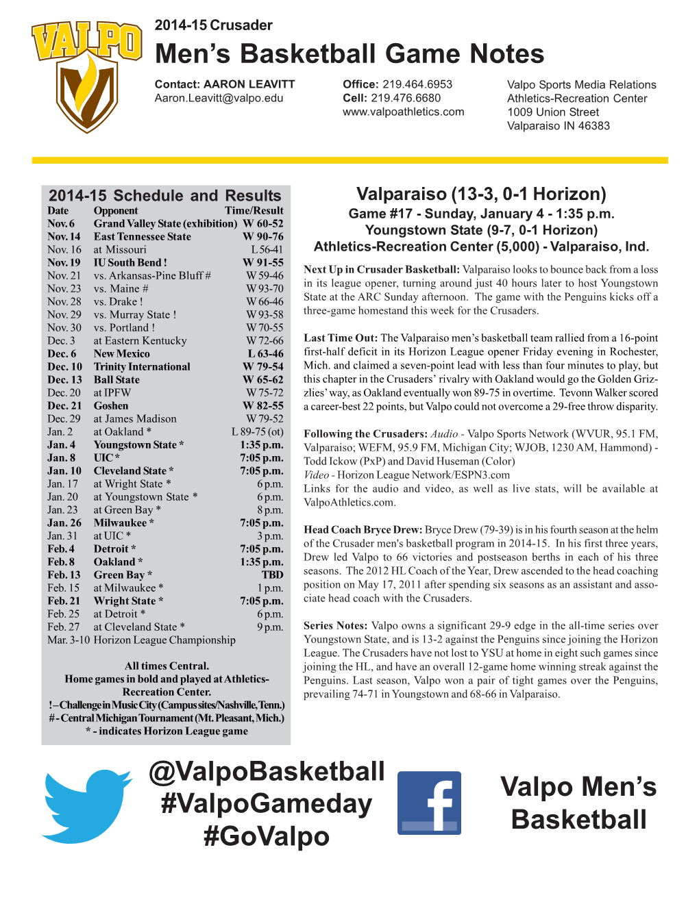 Men's Basketball Game Notes @Valpobasketball Valpo Men's