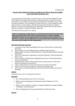 22 March 2020 Security Expert Opinion for Petition Regarding Security Barrier Route in the Qaffin Area in the Judea and Samaria Area