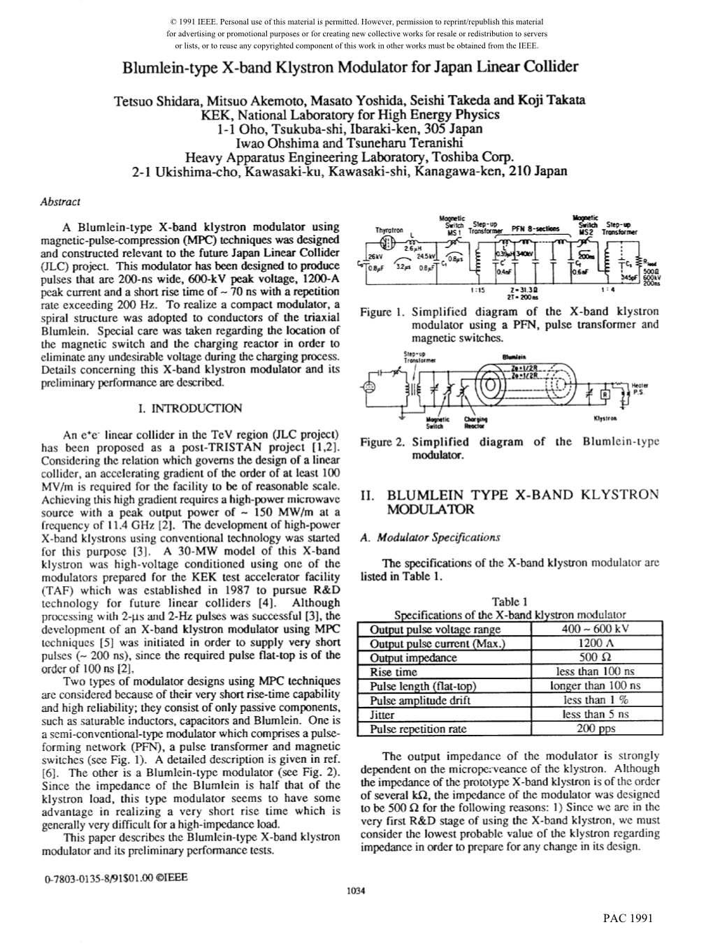 Blumlein-Type X-Band Klystron Modulator for Japan Linear Collider