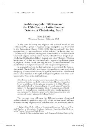 Archbishop John Tillotson and the 17Th Century Latitudinarian Defense of Christianity, Part I