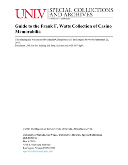 Guide to the Frank F. Watts Collection of Casino Memorabilia