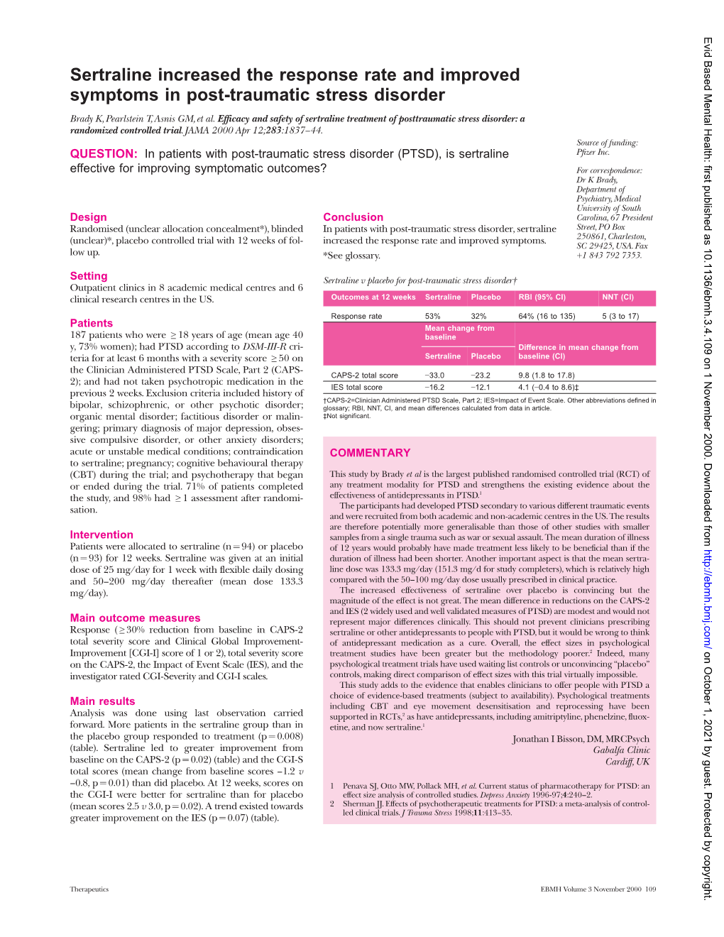 Sertraline Increased the Response Rate and Improved Symptoms in Post-Traumatic Stress Disorder