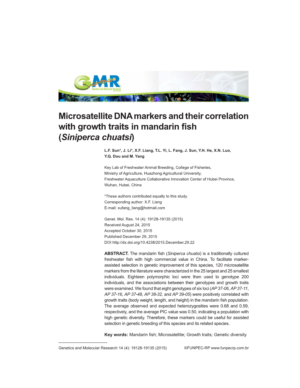 Microsatellite DNA Markers and Their Correlation with Growth Traits in Mandarin Fish (Siniperca Chuatsi)