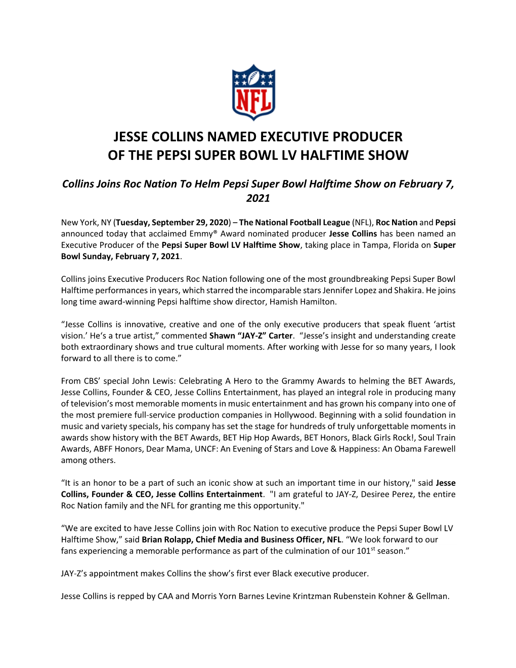 Jesse Collins Named Executive Producer of the Pepsi Super Bowl Lv Halftime Show