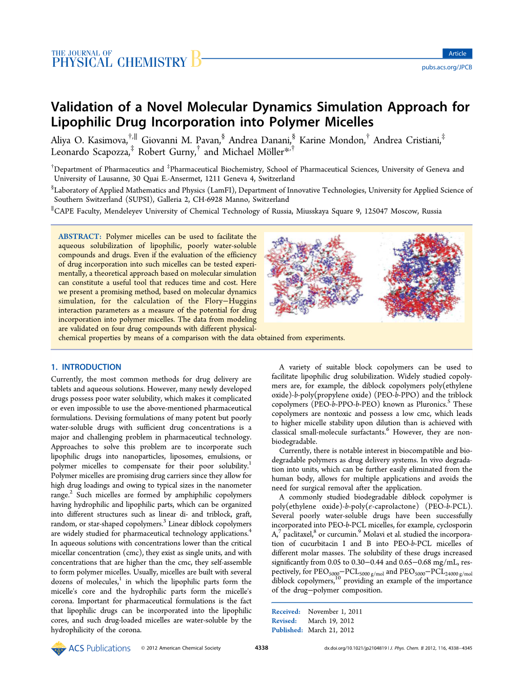 Validation of a Novel Molecular Dynamics Simulation Approach for Lipophilic Drug Incorporation Into Polymer Micelles Aliya O