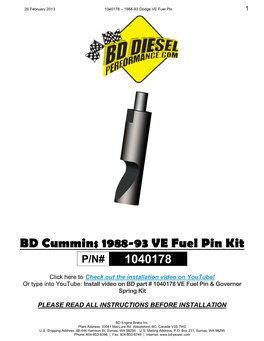 BD Cummins 1988-93 VE Fuel Pin Kit P/N# 1040178