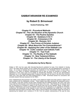 SABBATARIANISM RE-EXAMINED by Robert D. Brinsmead