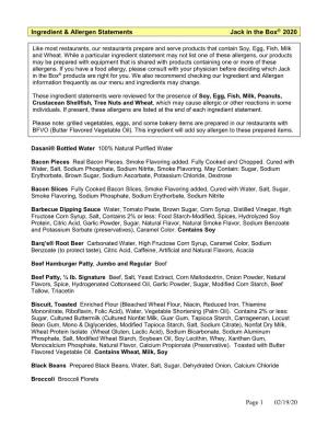 Page 1 02/19/20 Ingredient & Allergen Statements Jack in the Box® 2020