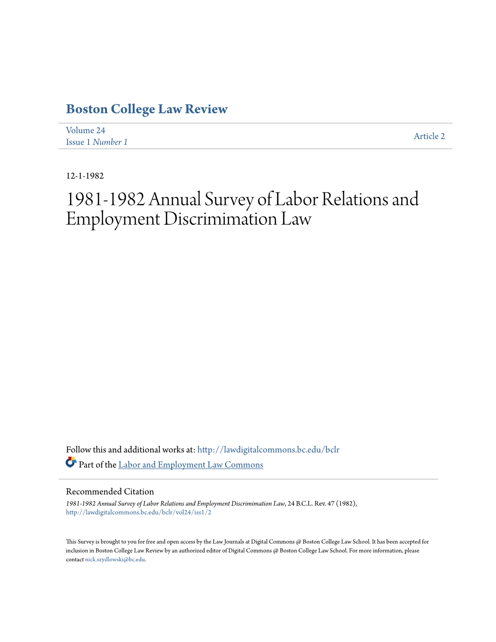 1981-1982 Annual Survey of Labor Relations and Employment Discrimimation Law