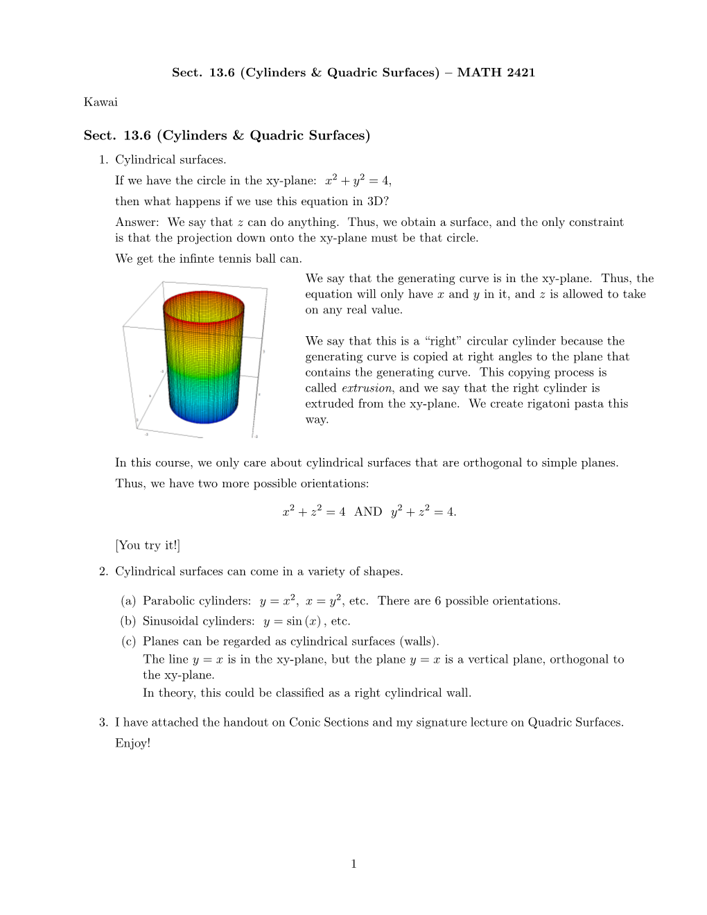 Sect. 13.6 (Cylinders & Quadric Surfaces)