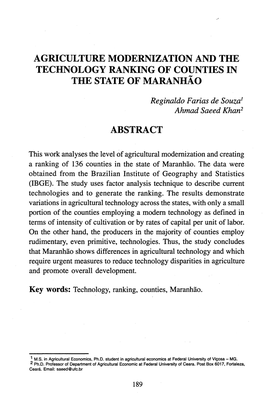 Agriculture Modernization and the Technology Ranking of Counties in the State of Maranhao