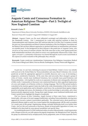 Auguste Comte and Consensus Formation in American Religious Thought—Part 2: Twilight of New England Comtism