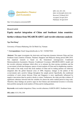 Equity Market Integration of China and Southeast Asian Countries: Further Evidence from MGARCH-ADCC and Wavelet Coherence Analysis