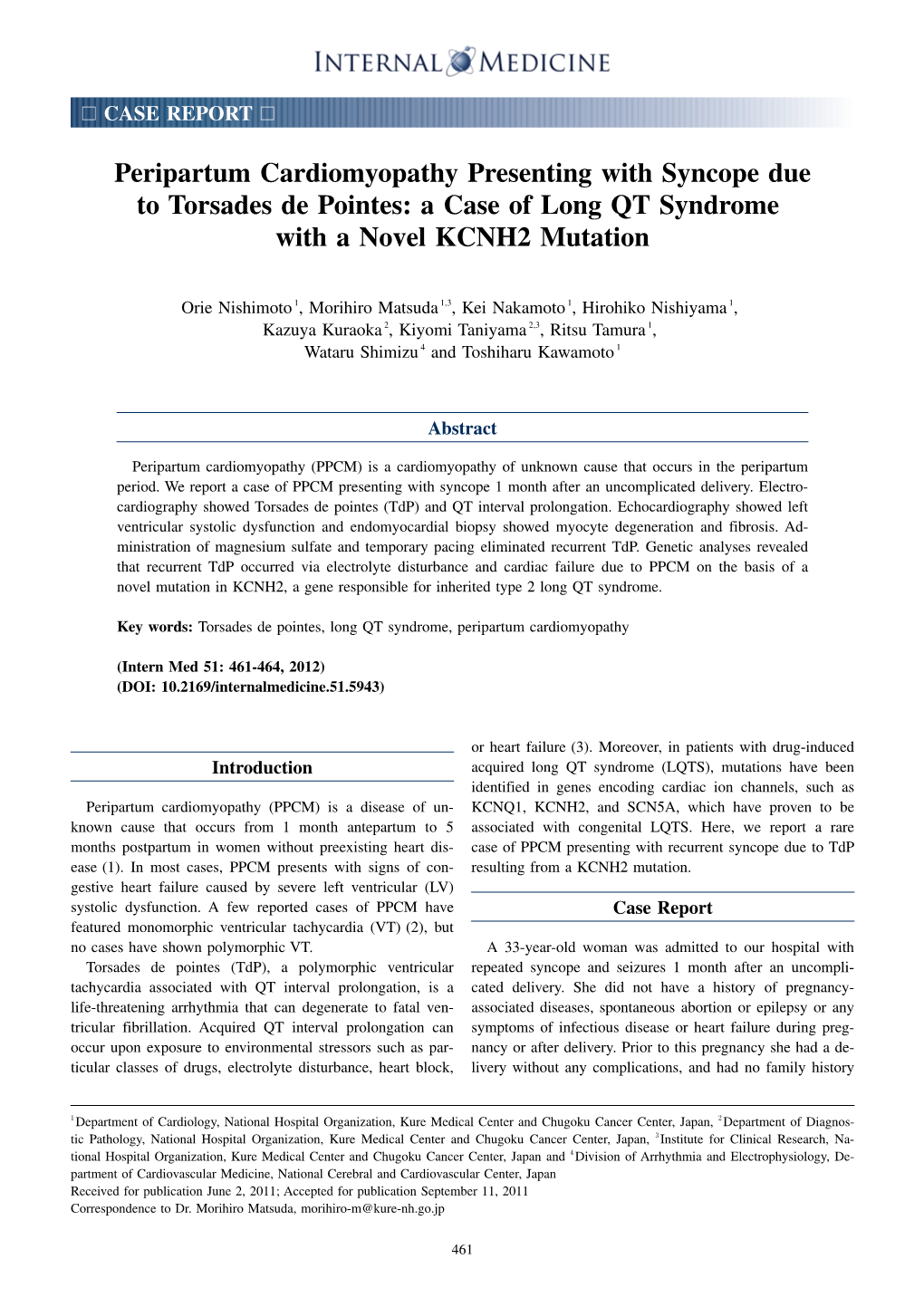 Peripartum Cardiomyopathy Presenting with Syncope Due to Torsades De Pointes: a Case of Long QT Syndrome with a Novel KCNH2 Mutation