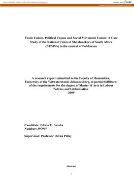 Trade Unions, Political Unions and Social Movement Unions: a Case Study of the National Union of Metalworkers of South Africa (NUMSA) in the Context of Polokwane