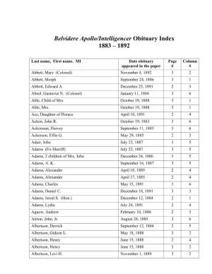 Belvidere Apollo/Intelligencer Obituary Index 1883 – 1892