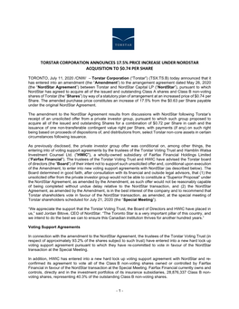 Torstar Corporation Announces 17.5% Price Increase Under Nordstar Acquisition to $0.74 Per Share
