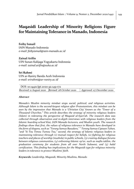 Maqasidi Leadership of Minority Religions Figure for Maintaining Tolerance in Manado, Indonesia