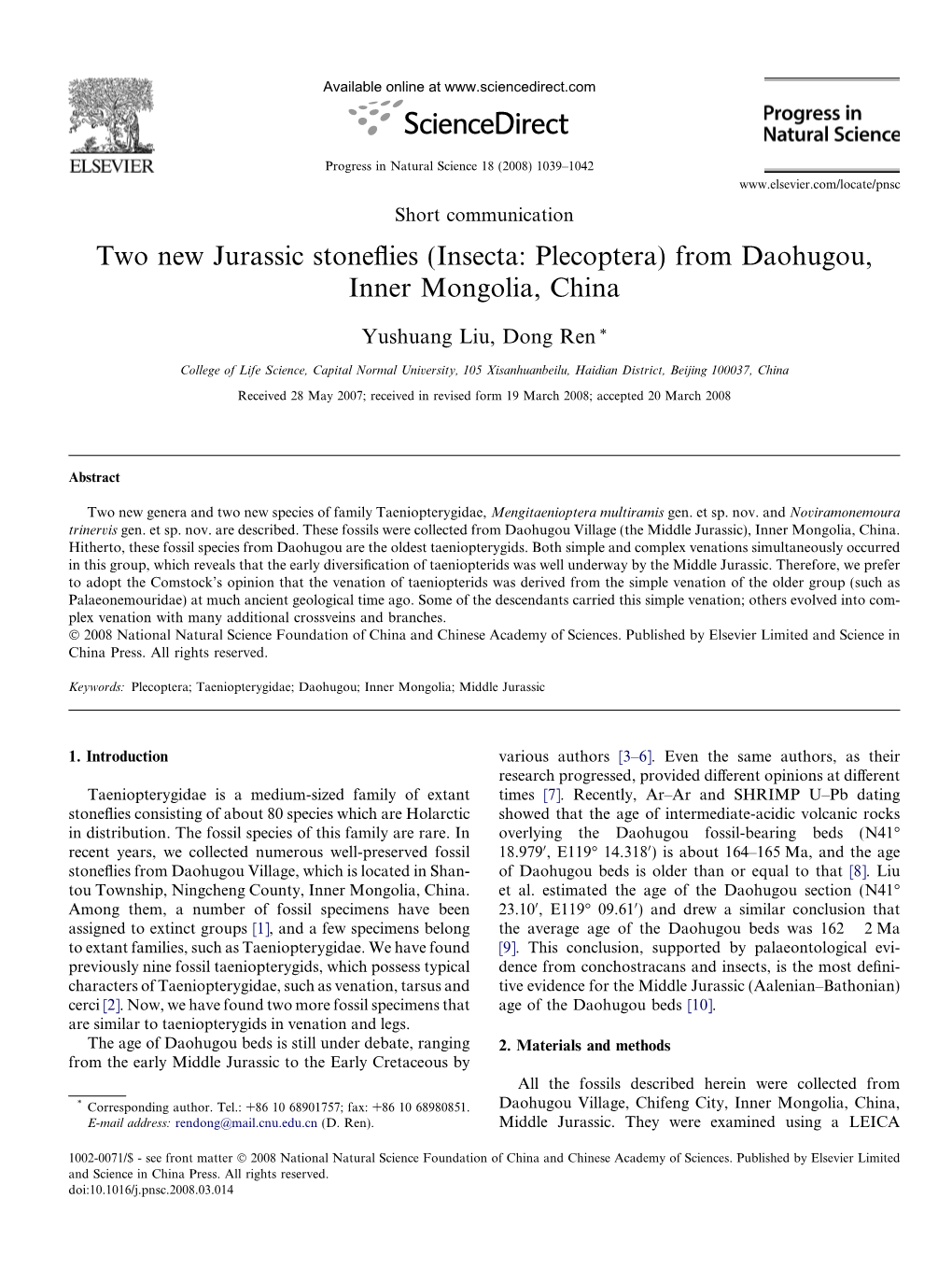 Two New Jurassic Stoneflies (Insecta: Plecoptera) from Daohugou, Inner Mongolia, China