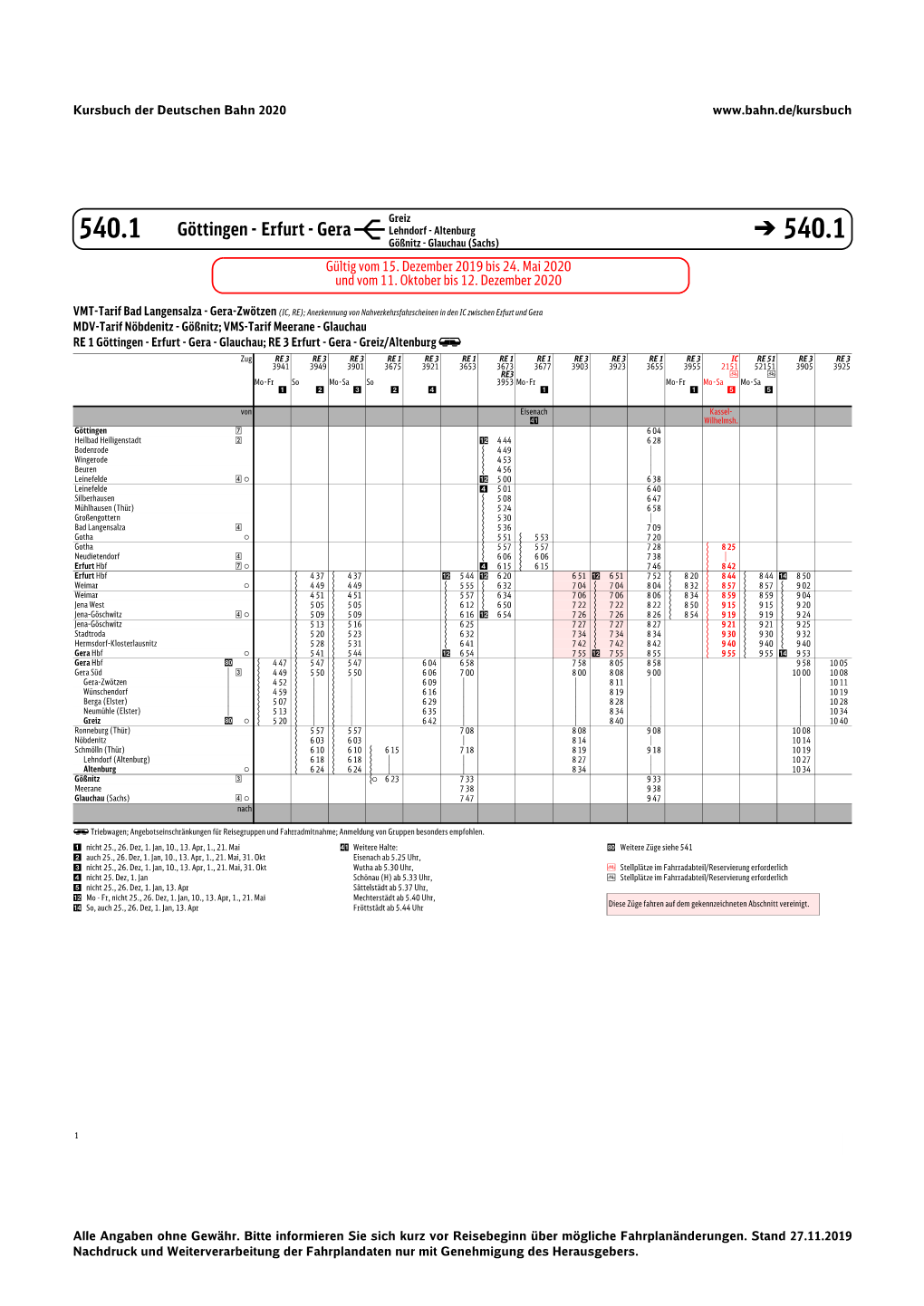 Göttingen - Erfurt - Gera � Lehndorf - Altenburg � 540.1 Gößnitz - Glauchau (Sachs) 540.1 Gültig Vom 15