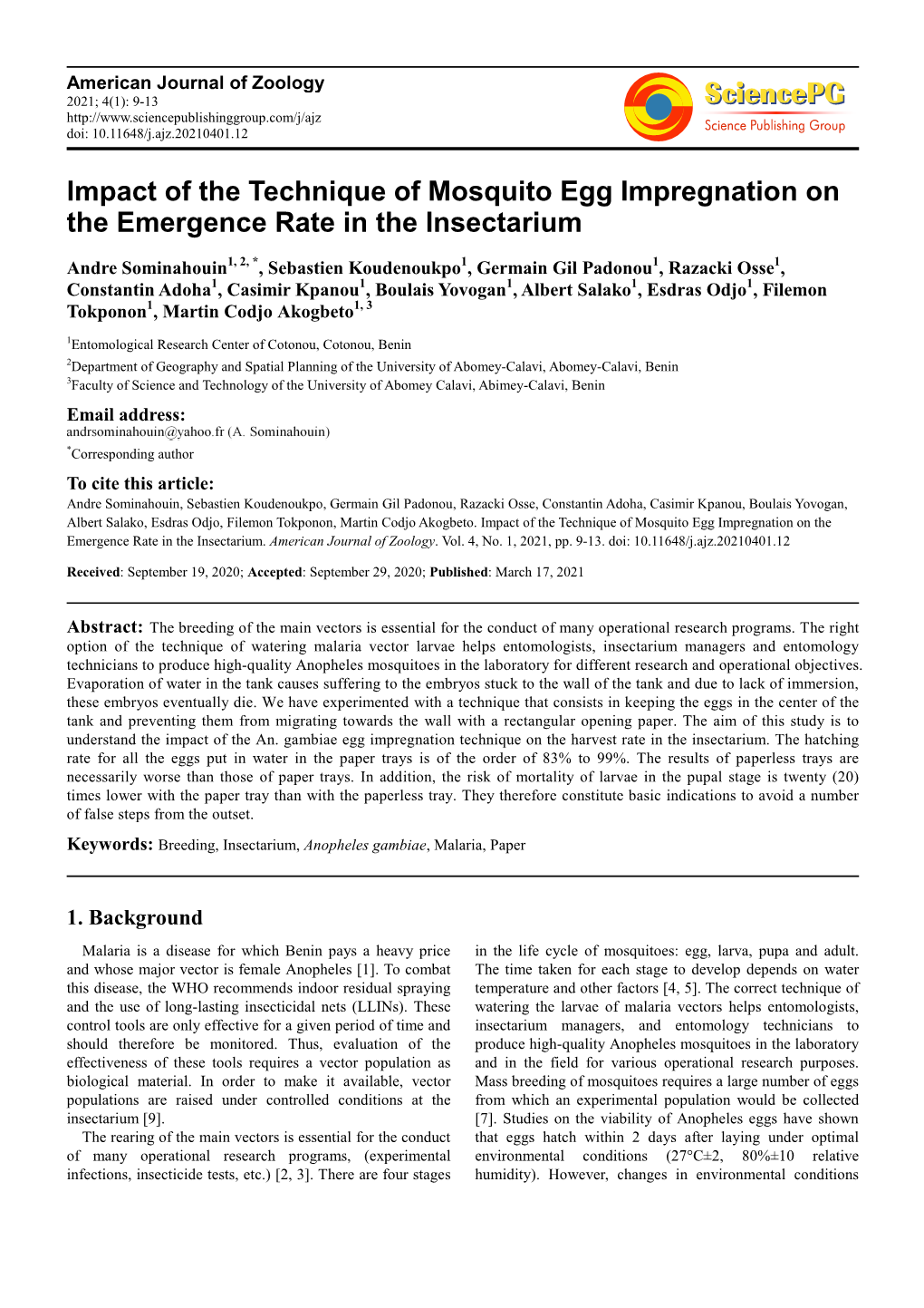 Impact of the Technique of Mosquito Egg Impregnation on the Emergence Rate in the Insectarium