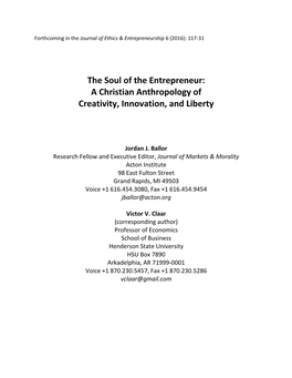 The Soul of the Entrepreneur: a Christian Anthropology of Creativity, Innovation, and Liberty