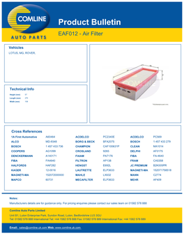 Product Bulletin EAF012 - Air Filter
