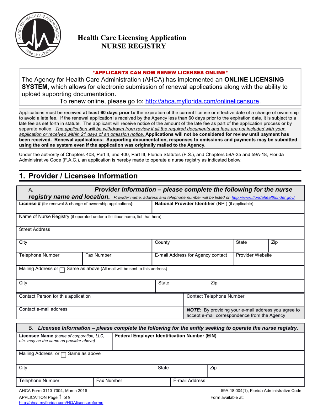 Health Care Licensing Application