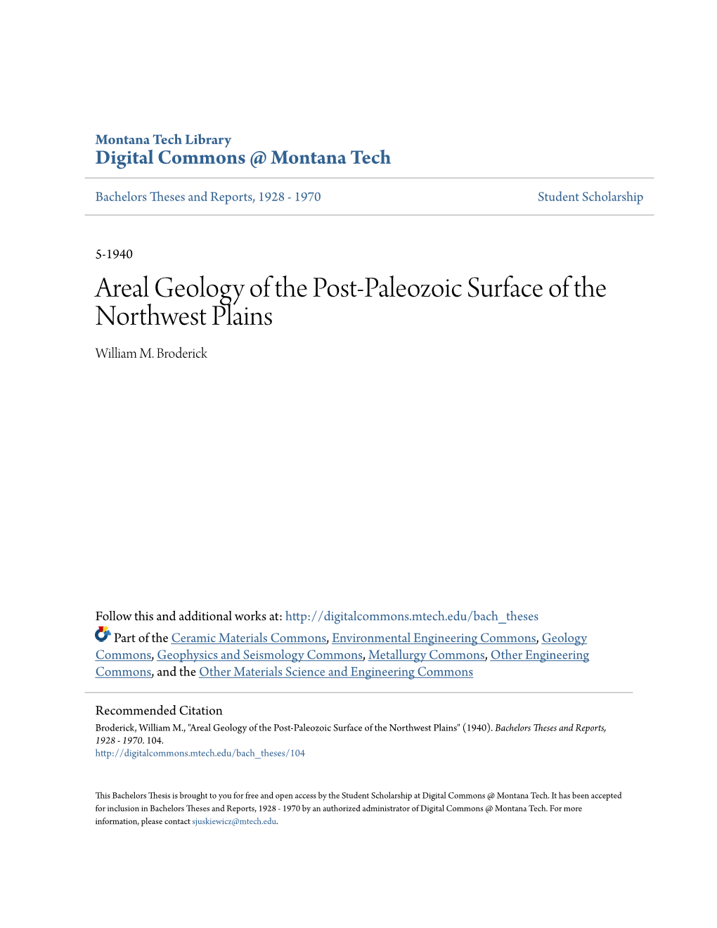 Areal Geology of the Post-Paleozoic Surface of the Northwest Plains William M