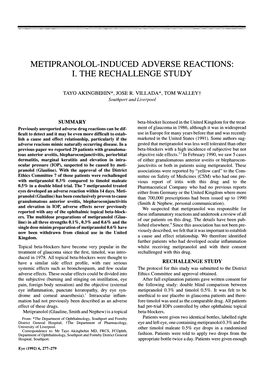 Metipranolol-Induced Adverse Reactions: I. the Rechallenge Study