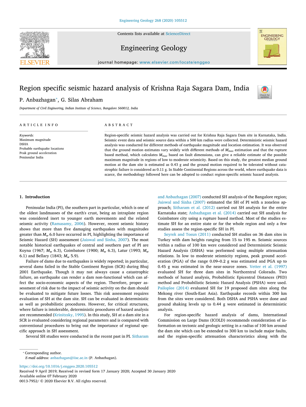 Region Specific Seismic Hazard Analysis of Krishna Raja Sagara Dam, India T ⁎ P