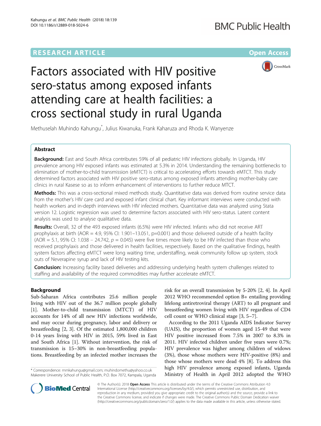 Factors Associated with HIV Positive Sero-Status Among Exposed Infants