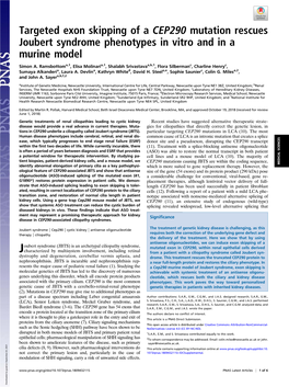 Targeted Exon Skipping of a CEP290 Mutation Rescues Joubert Syndrome Phenotypes in Vitro and in a Murine Model