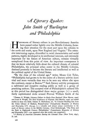 &lt;LA Jitterary Quaker: John Smith of ^Burlington and Philadelphia