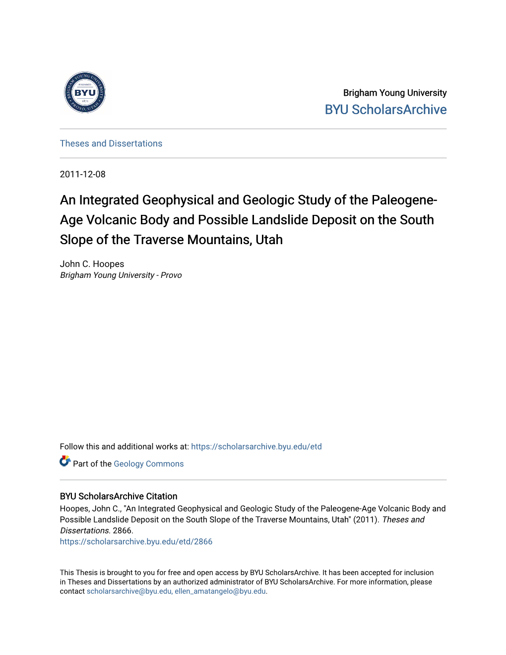 An Integrated Geophysical and Geologic Study of the Paleogene- Age Volcanic Body and Possible Landslide Deposit on the South Slope of the Traverse Mountains, Utah