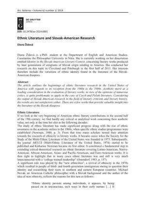 Ethnic Literature and Slovakͳamerican Research