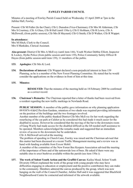 FAWLEY PARISH COUNCIL Minutes of a Meeting of Fawley Parish Council Held on Wednesday 15 April 2009 at 7Pm in the Jubilee Hall
