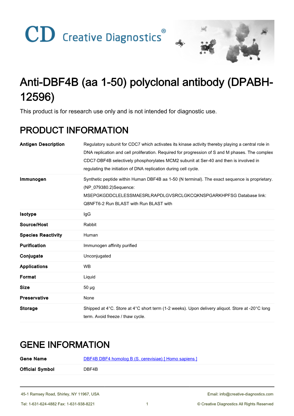 Anti-DBF4B (Aa 1-50) Polyclonal Antibody (DPABH- 12596) This Product Is for Research Use Only and Is Not Intended for Diagnostic Use