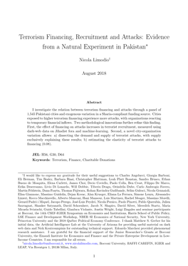 Terrorism Financing, Recruitment and Attacks: Evidence from a Natural Experiment in Pakistan∗